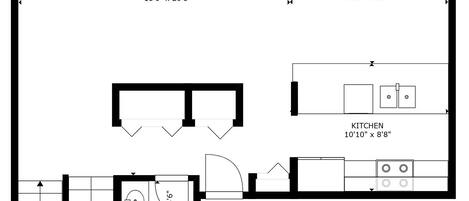 Een plattegrond met een woonkamer (5,6 x 6,2 meter), eetgedeelte (3,3 x 3,0 meter), keuken (3,3 x 2,4 meter), hal (1,4 x 1,2 meter) en badkamer (1,4 x 1,5 meter).