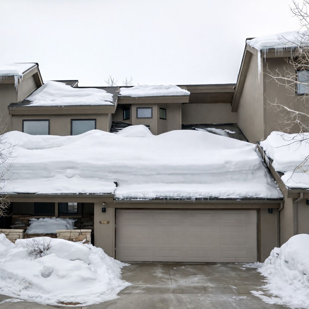 A residential building with a garage, covered in snow.