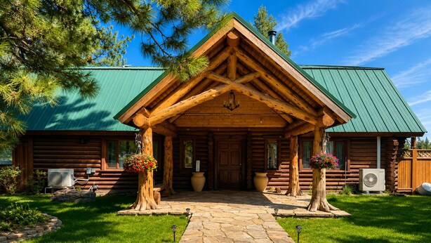 A log cabin with a stone pathway leading to the entrance, surrounded by greenery. - JJ Ranch 40 acres 5 bdrm 3 bath private pool, sauna, soaking tub Mountain Views (Sisters)