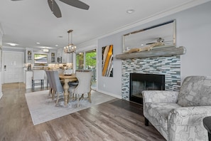 Smart TV, fireplace, books