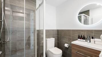 Shower, hair dryer, towels