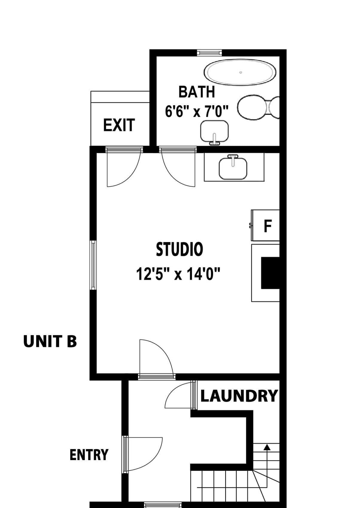 Un plan d’étage d’un studio comprenant une salle de bain, un espace buanderie et les points d’entrée et de sortie.