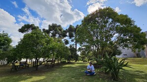 Un parque con bancos y árboles.