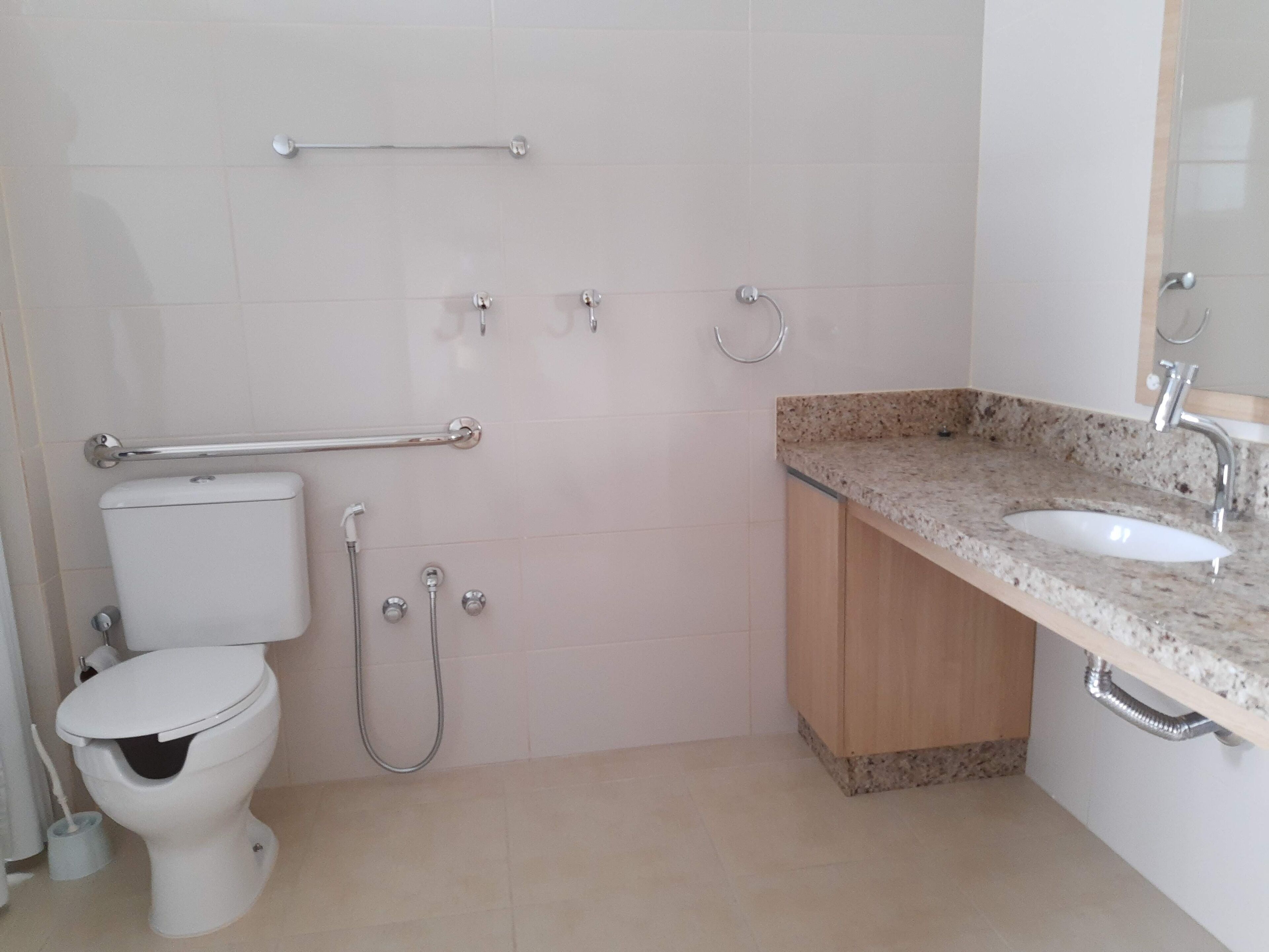 Ein Badezimmer mit Toilette, Haltegriffen, Dusche und Waschbecken mit einer Granitplatte.
