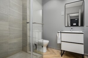 Ducha, secador de pelo, toallas, jabón