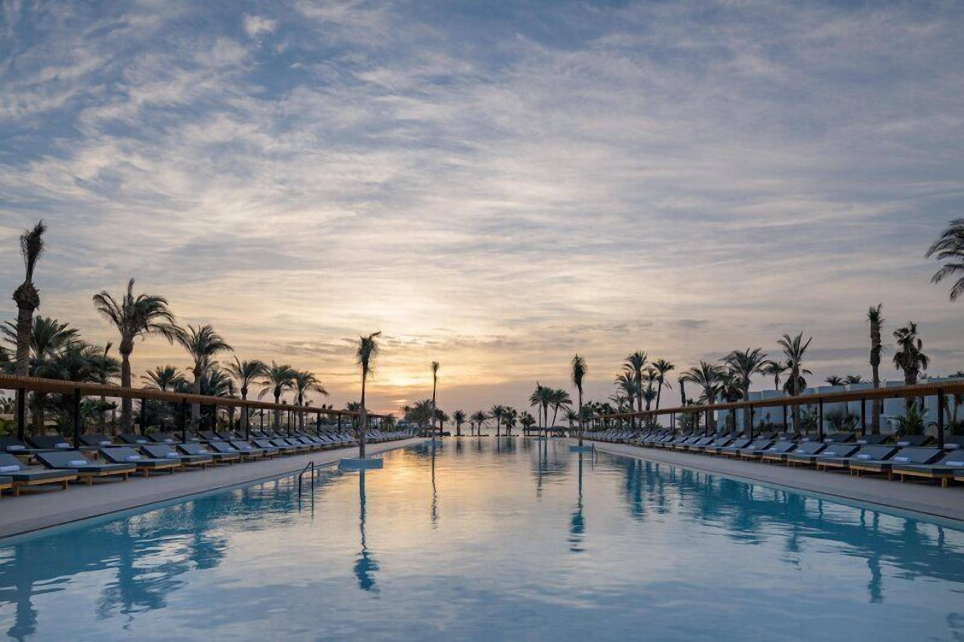 Una piscina con sillas de descanso y palmeras, rodeada por una zona techada.