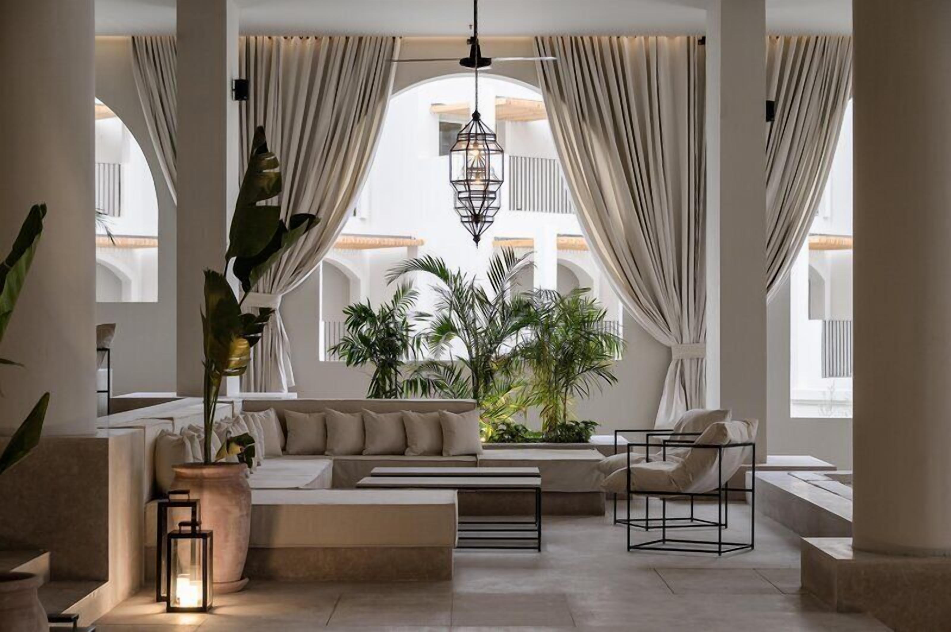A spacious living area with a sofa set, a coffee table, and a potted plant.
