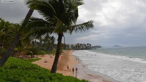 A beach with palm trees, a sandy shore, and a building in the background. - Ocean View Sleeps 8 Across from Beach 3 bedroom 3 bathroom Full AC Kihei Condo  (Kihei)