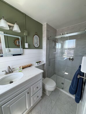 Hair dryer, towels, soap, shampoo