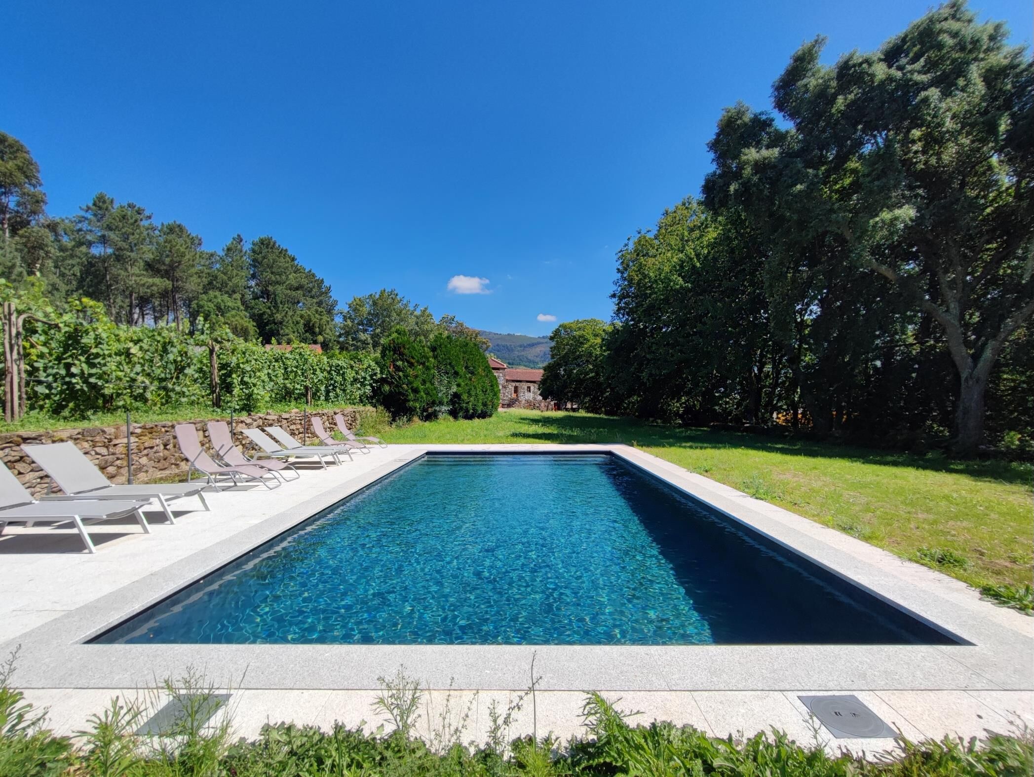 A rectangular swimming pool with clear blue water, surrounded by a stone wall and a grassy area with trees.
