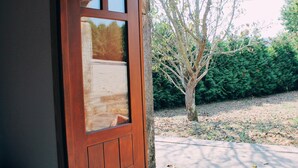 Une porte en bois avec un panneau de verre qui reflète un arbre et une haie.