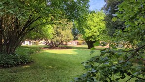 A well-maintained grassy area with mature trees and a clear sky. - Maison Familiale en Centre Historique (Talmont-Saint-Hilaire)