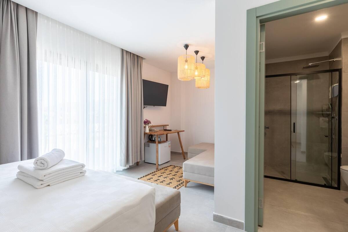 Een hotelkamer met een bed, een bureau, een televisie en een douchehoek.