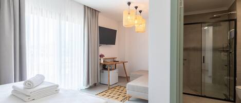 Una habitación de hotel con cama, escritorio, televisor y zona de ducha.