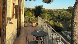 En terrasse med et bord og stole, gelænder af smedejern og udsigt over et bakket landskab.
