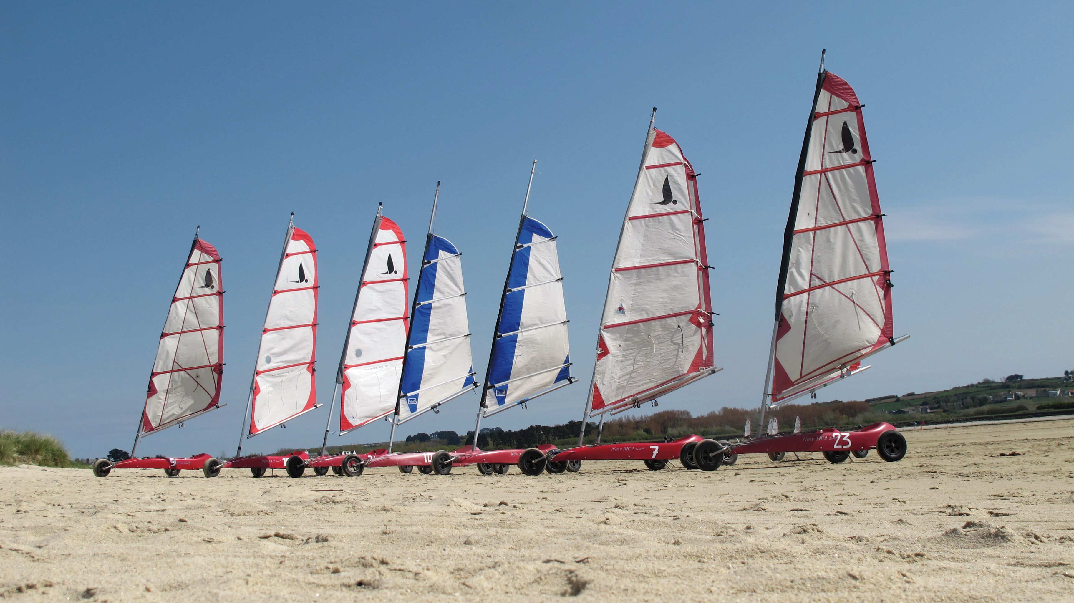 Une rangée de planches de planche à voile est alignée sur une plage de sable.