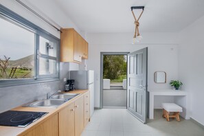 Fridge, stovetop, coffee/tea maker, electric kettle