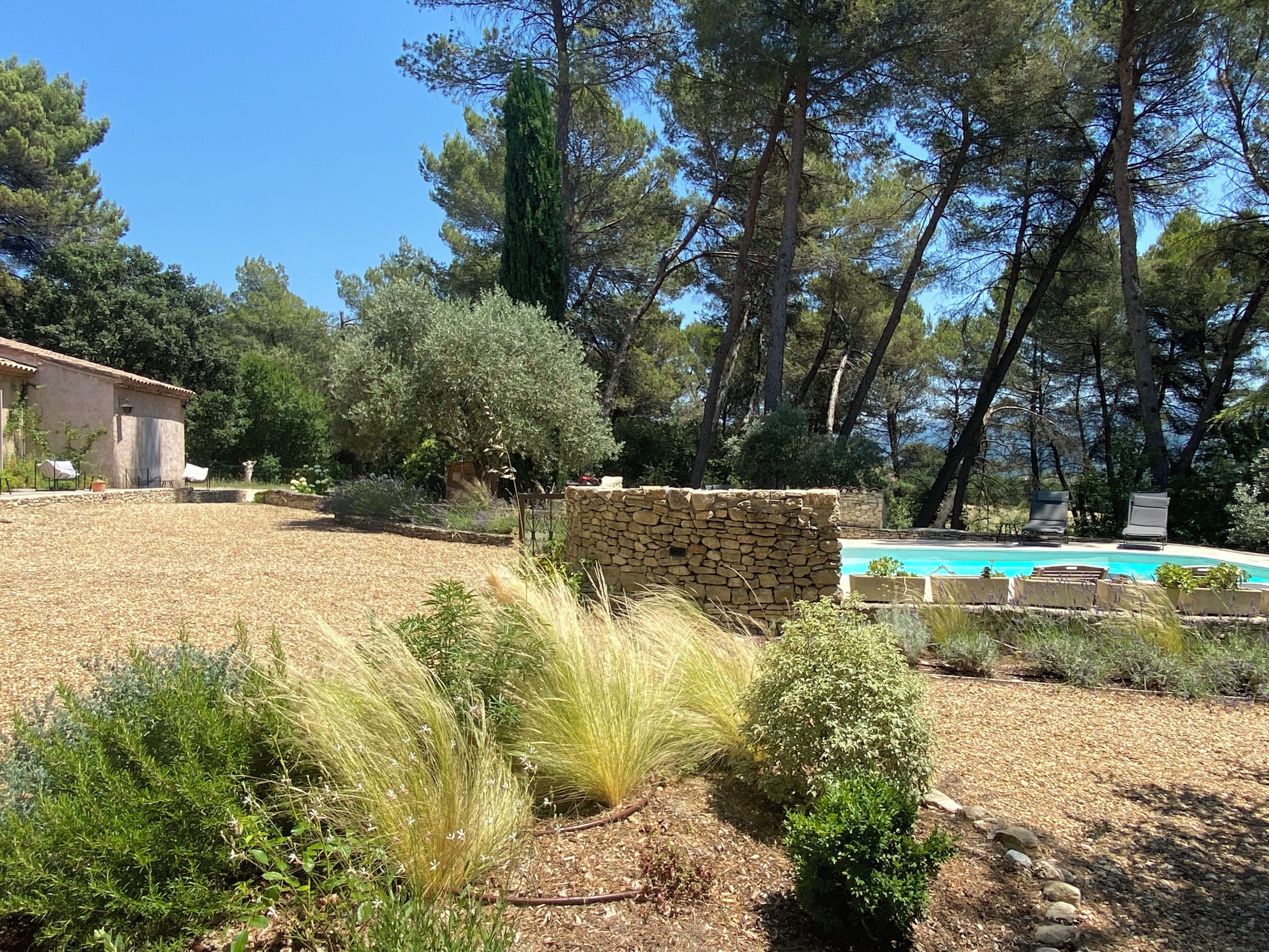 A stone wall, a pool, and a building in a garden with trees.