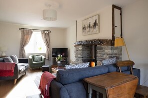 TV, fireplace - Ynyswen Arosfa · Family Country Cottage with Stunning Mountain View (Myddfai)