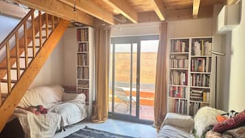 Télévision, cheminée, médiathèque, chaîne hi-fi