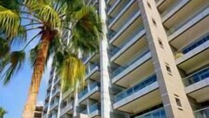 Un edificio alto con varios balcones, palmeras y un cielo despejado.