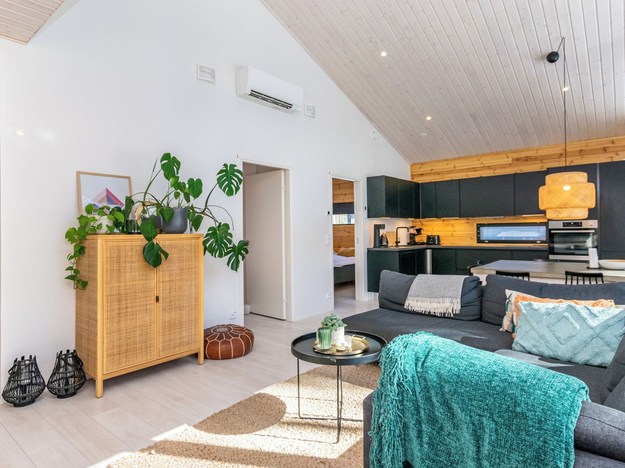 Una sala de estar moderna con un sofá, una mesa de centro y una planta grande.