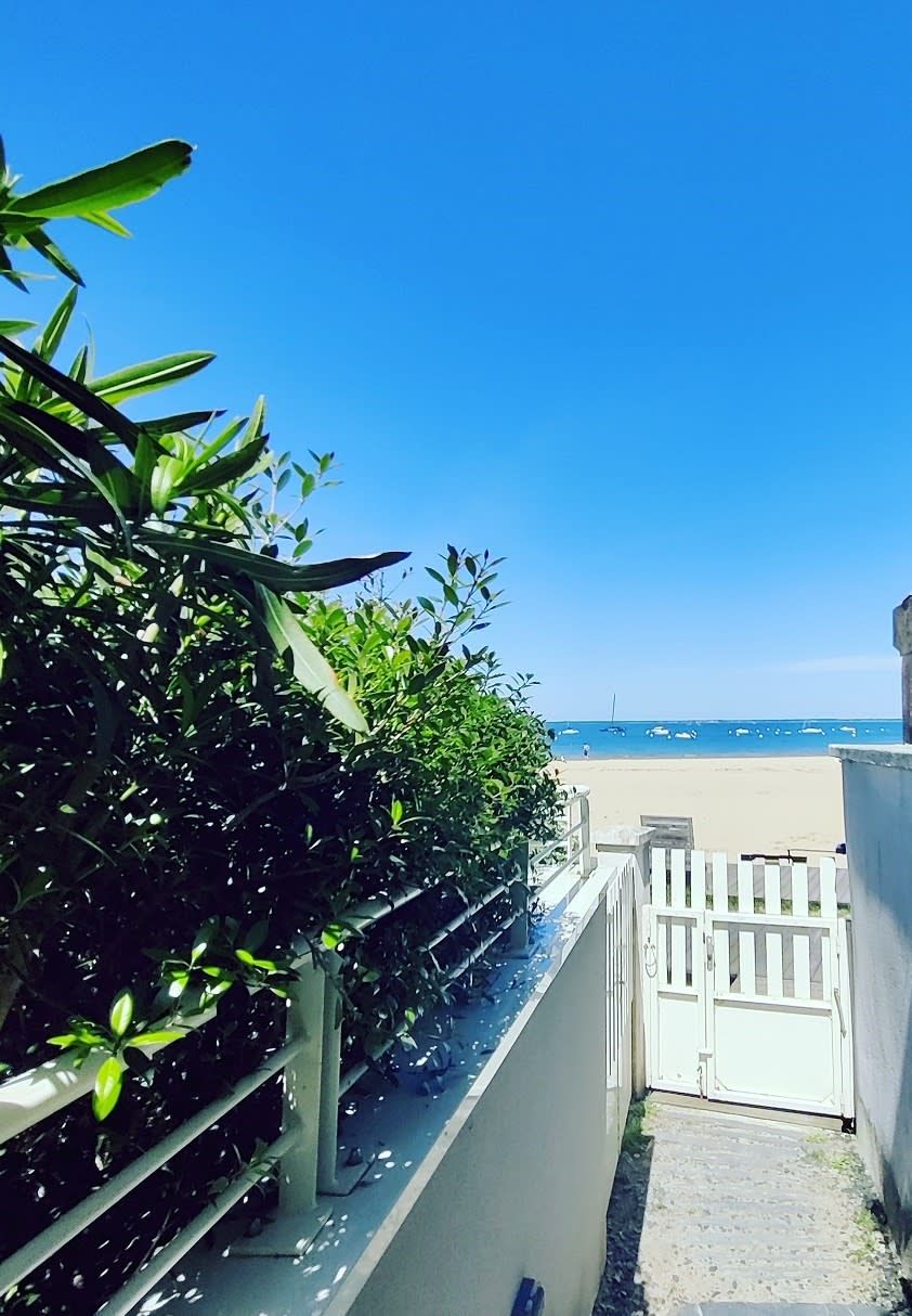 Een pad dat naar een strand leidt, onder een heldere lucht.