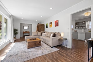 Smart TV, fireplace, books