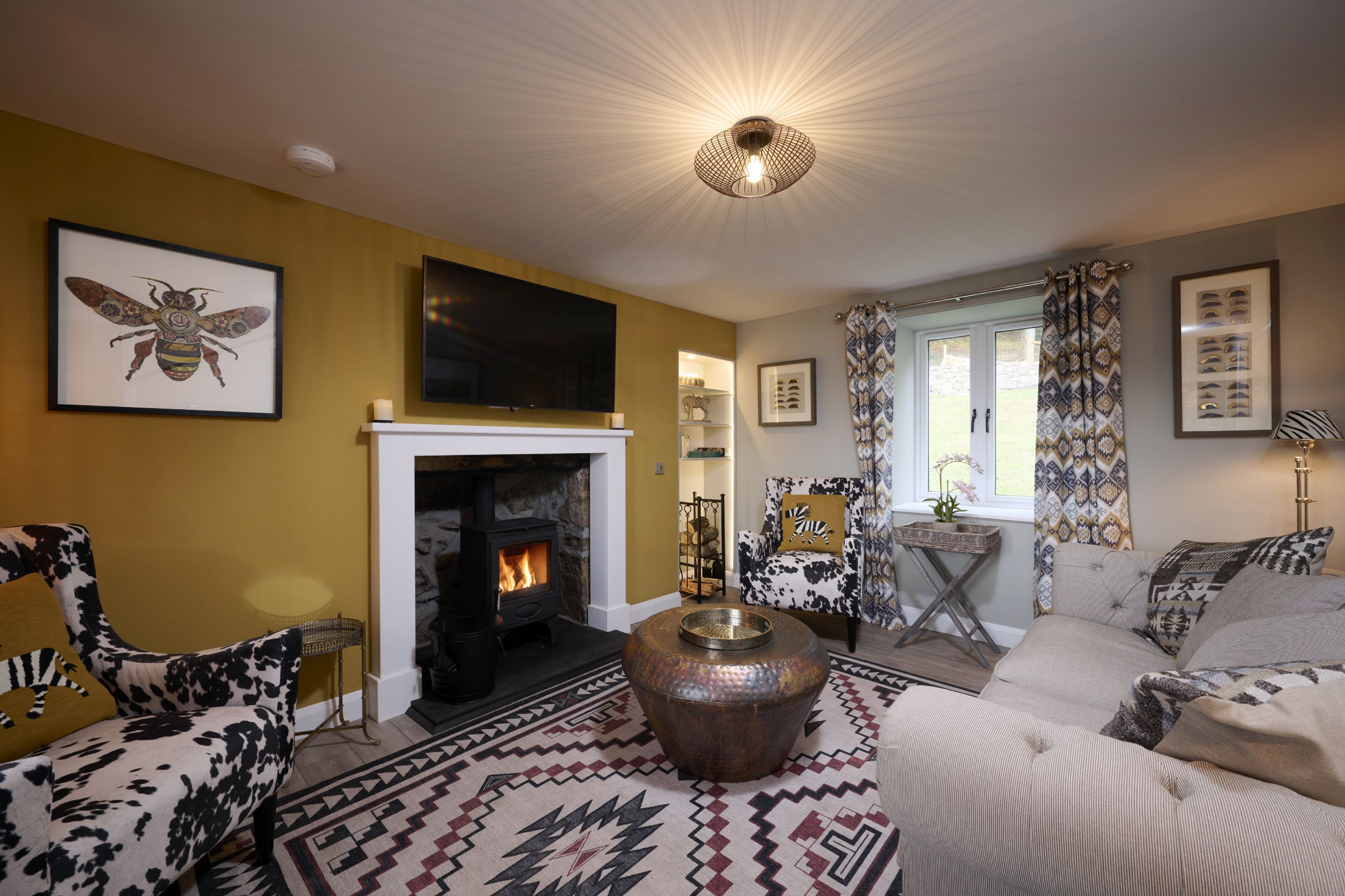 智能电视、壁炉、书、立体声音响