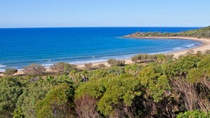 A coastal landscape with a beach, vegetation, and a clear blue sky. - Finding Solace - Sunrise at 1770 (Agnes Water)