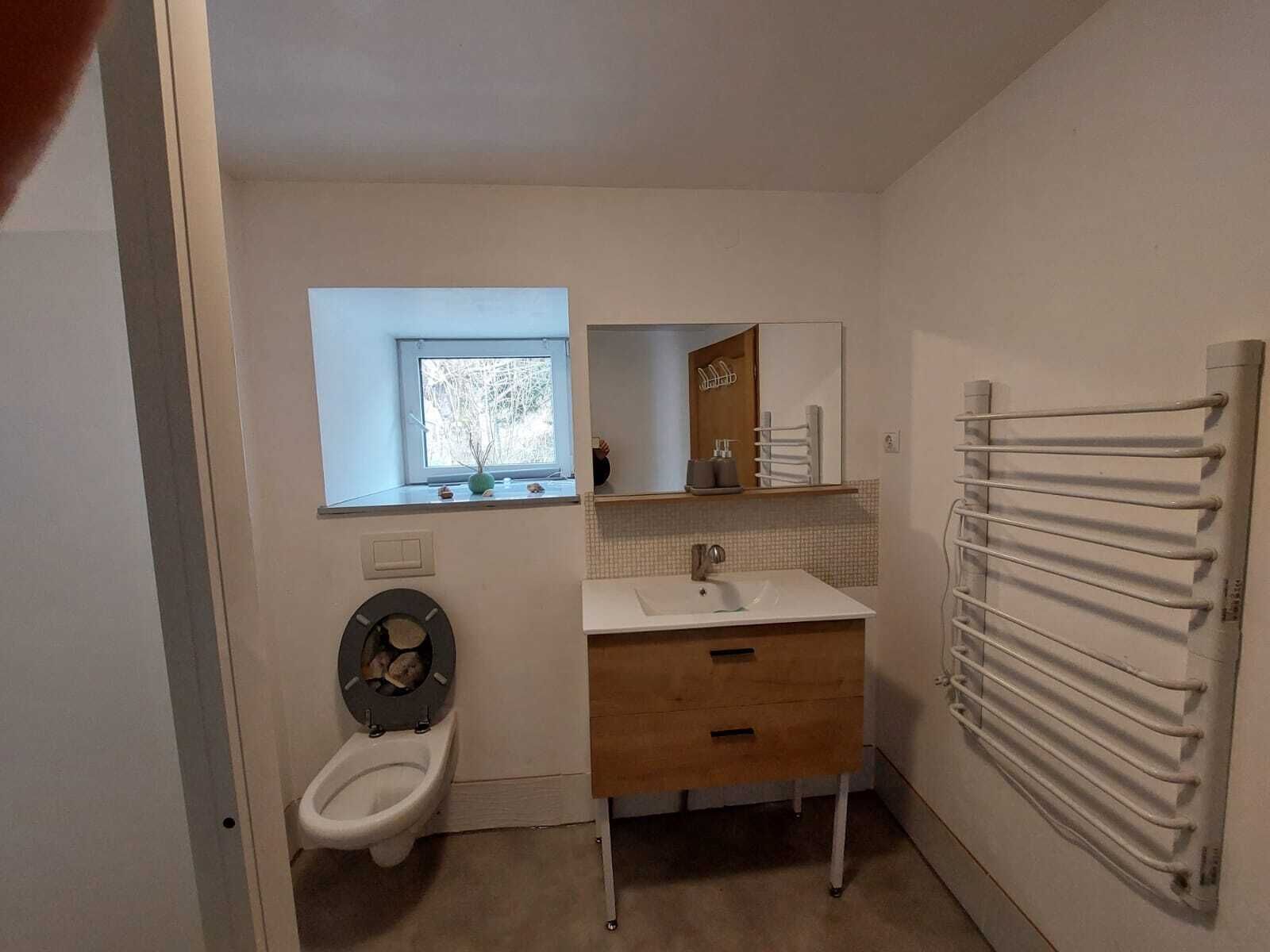 Een moderne badkamer met toilet, wastafel, spiegel en handdoekhouder.