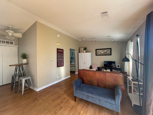 Smart TV, DVD player, books, video library