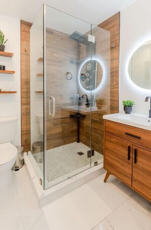 Shower, hair dryer, towels, soap