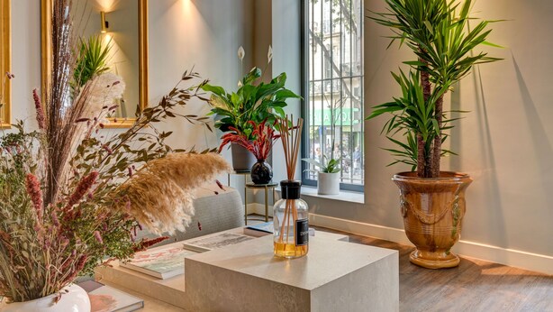 A modern living room with a large window, a potted plant, a vase with dried plants, and a small table with a bottle. - Boutique Hôtel Provencia (Marseille)