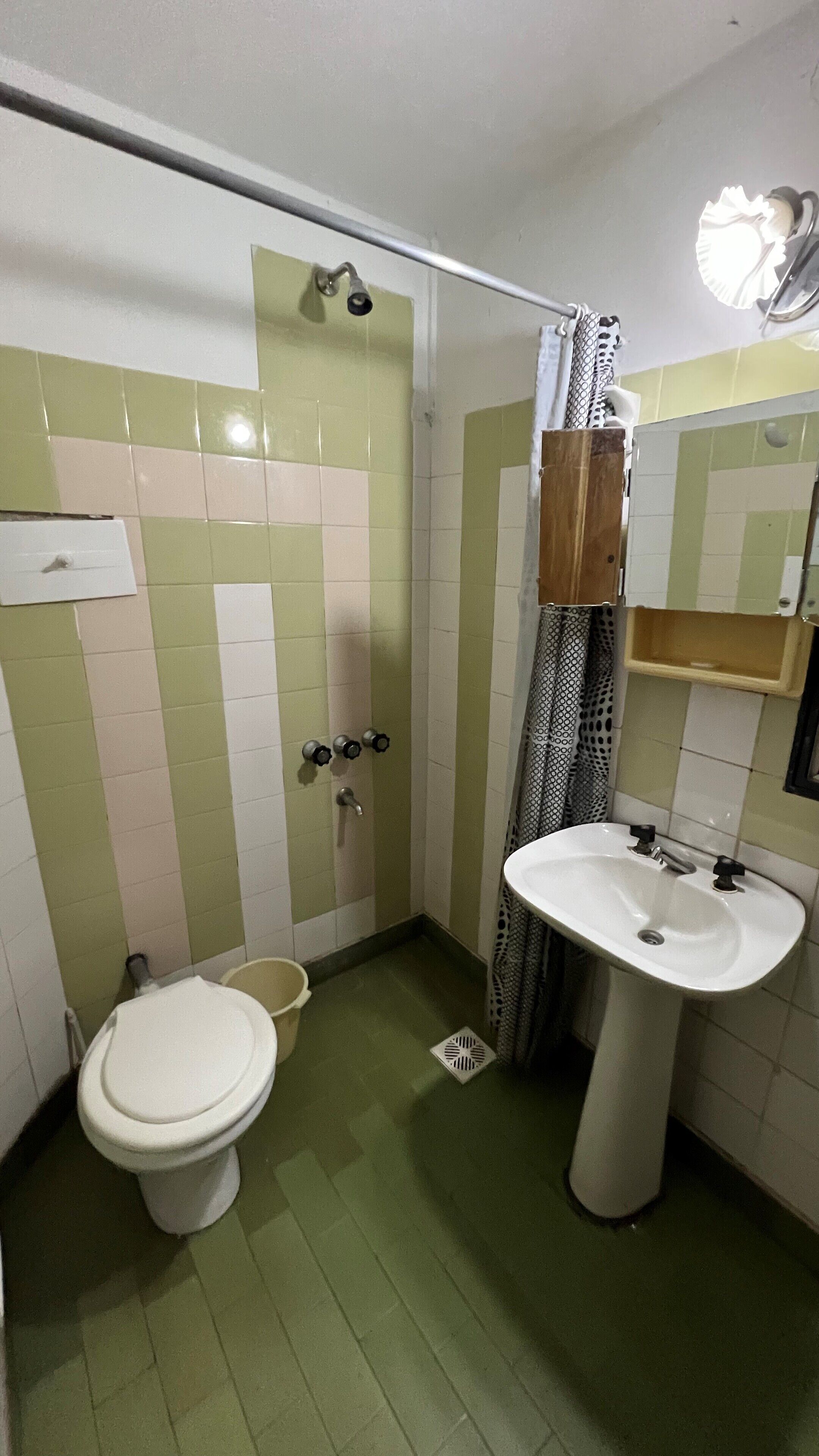 A small bathroom with a toilet, sink, and shower.