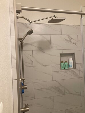 Hair dryer, towels, soap, shampoo