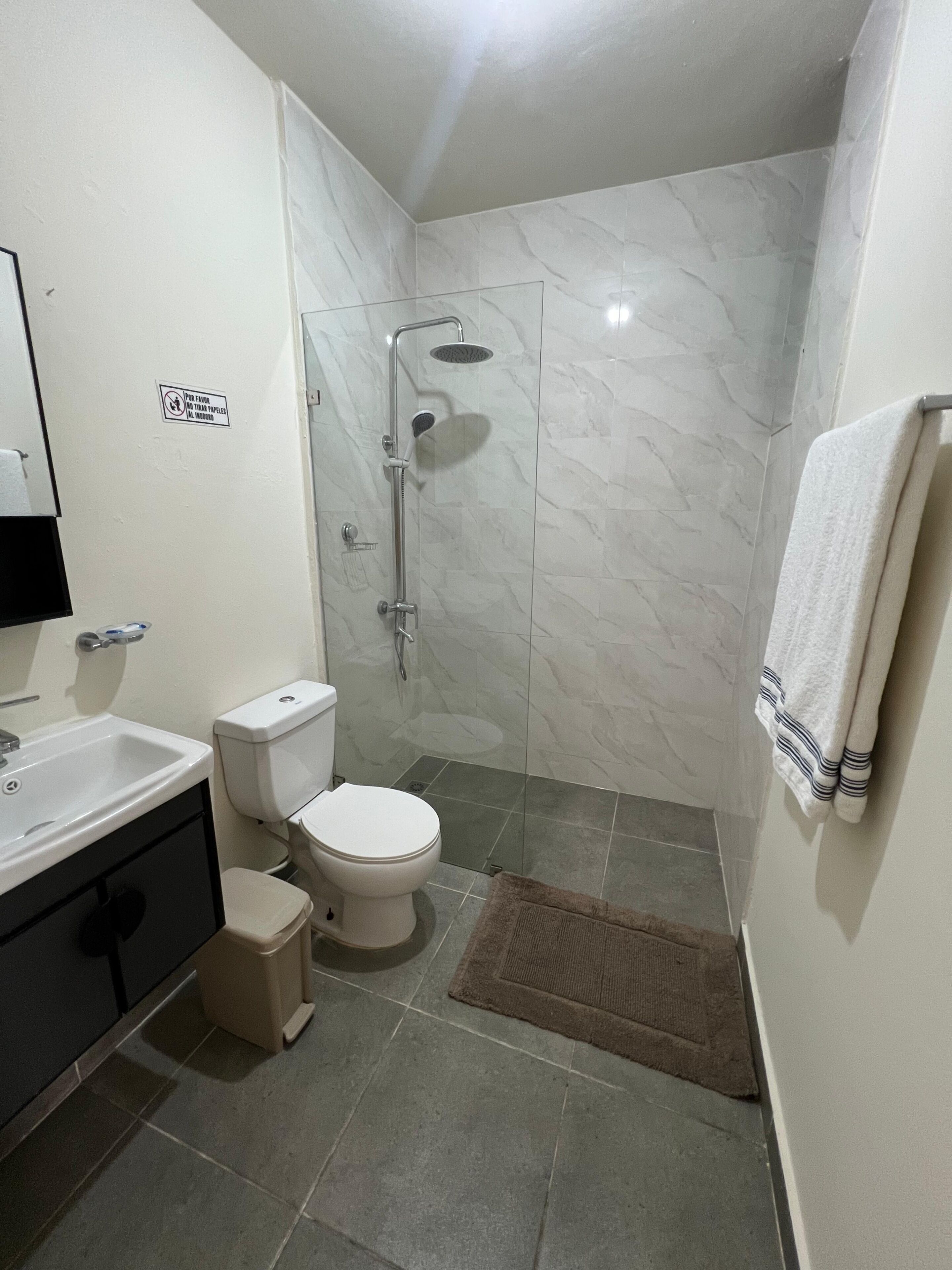 Un baño con inodoro, lavamanos y ducha.