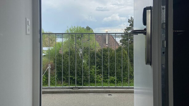 Udsigt fra et værelse gennem en glasdør, der viser en balkon med gelænder, en belagt område og træer.