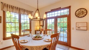A dining room with a round table, six wooden chairs, a chandelier, and large windows with a view of greenery. - Spacious Greenbrier Vacation Rental on ~ 4 Acres! (Greenbrier)