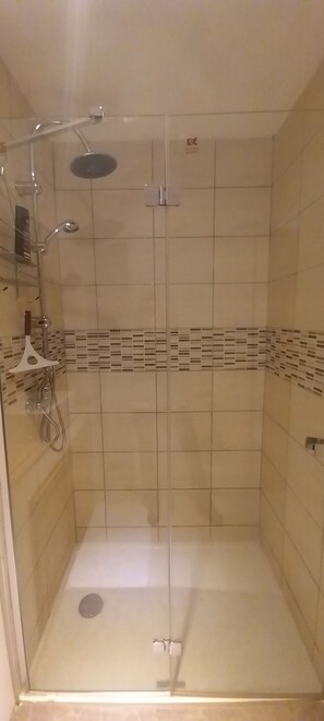 Shower, hair dryer, towels, shampoo