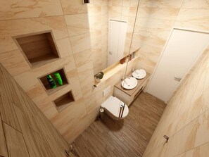Bathroom features a sink, toilet, shower, and large mirror.
