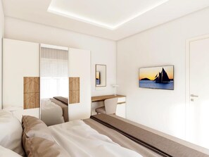 Relax in a serene space with a neatly made bed, desk, and flat-screen TV.