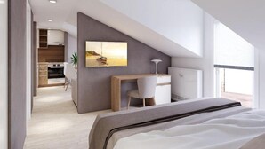 Ein modernes Schlafzimmer mit einem Bett, einem Schreibtisch und einem Stuhl. Ein Gemälde hängt an der Wand und ein Fenster lässt natürliches Licht herein.