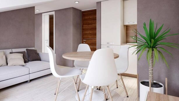 Ein modernes Wohnzimmer mit einer Couch, einem Esstisch und Stühlen. Es gibt eine Küchenzeile mit Schränken und einer Pflanze.