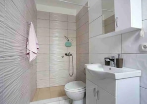Shower, hair dryer, towels