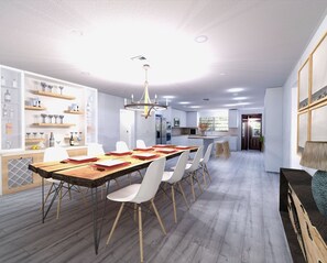 Enjoy meals in this stylish dining area with a long table and comfortable seating.