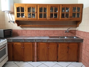 A kitchen with wooden cabinets, a built-in microwave, and a sink.