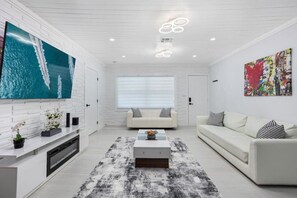 Smart TV, fireplace, video games, books