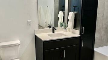 Hair dryer, towels, shampoo, toilet paper