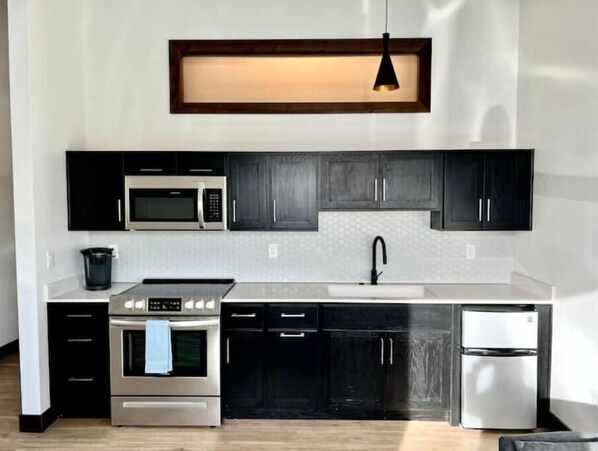 Une cuisine moderne avec des meubles de couleur sombre, des appareils en acier inoxydable et un luminaire suspendu.